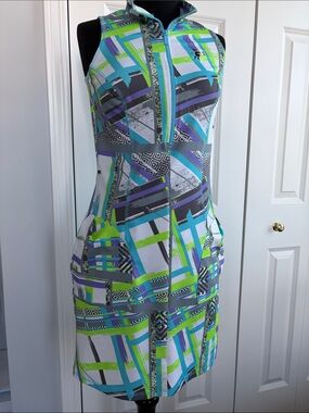 Kevan Hall Sport /GolfSleeveless Zip-Front Geometric Print Dress - M